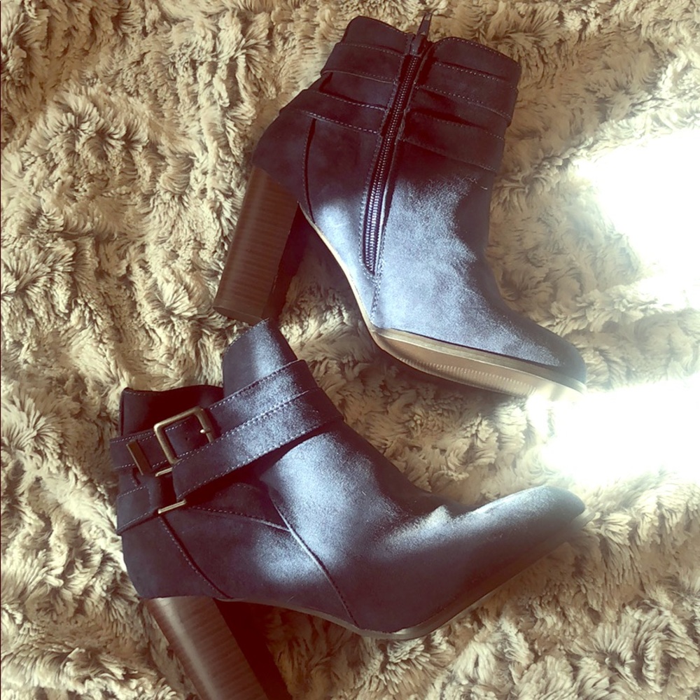 Navy blue buckle side zip booties